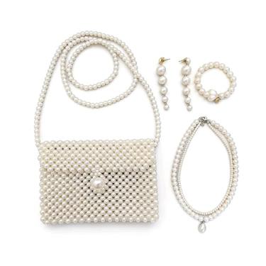 Imagem de SHESRA Bolsa de pérolas de luxo, bolsa de corrente de ombro, bolsas noturnas, brincos de borla, pulseira e colar para mulheres, bolsas de mão com contas transversais de pérolas artificiais para festas