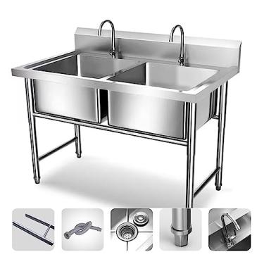 Imagem de Pia de tigela dupla grande com 2 compartimentos, pia independente de aço inoxidável para restaurante, lavanderia, garagem (99,8 x 50 x 80 cm)