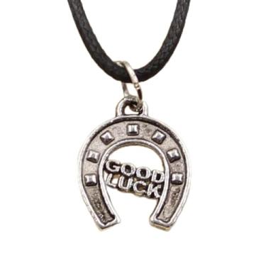 Imagem de EDCRFV Colar pingente ferraduras boa sorte amuleto cordão de couro preto feito à mão