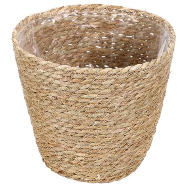 Imagem de UKCOCO Cesta de plantas tecida com palha: cesta de plantador com forro de plástico vasos de flores para casa varanda, casa de fazenda, 21 x 21 x 21 cm