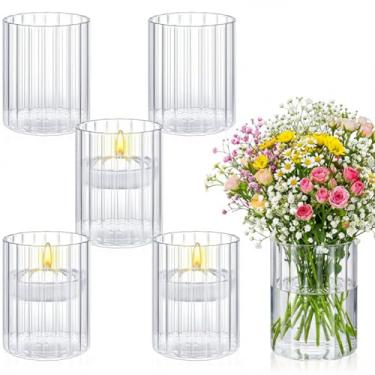 Imagem de Ninehaoou 6 peças de vasos cilíndricos com nervuras de vidro de 10 cm de altura, vaso de flores de vela flutuante transparente a granel, suporte de vela furacão para mesa de presente de inauguração de