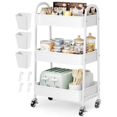 Imagem de Osivaex Carrinho De Metal Com 3 Níveis E Rodas Trava, Organizador Artesanato Branco Resistente Três Rodas, Carrinhos Utilitários Armazenamento Para Arte, Fraldas Bebê, Lanche, Unhas, Cílios, Produto