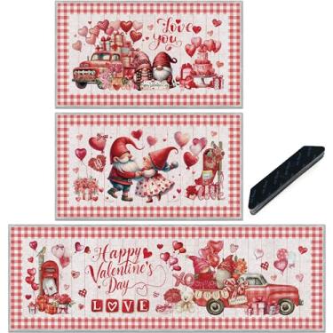 Imagem de Romart Conjunto de tapetes de cozinha para dia dos namorados, 3 peças de tapetes de gnomo xadrez rosa e tapetes de chão para decoração de cozinha, presentes fofos de inauguração de casa (40 x 71 cm e