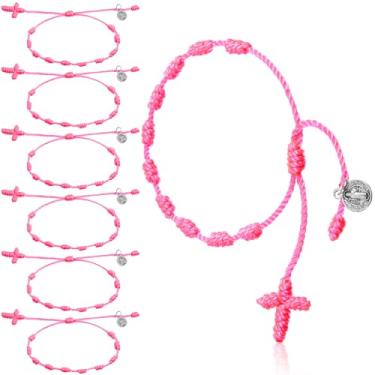 Imagem de Yinkin Pulseira de rosário com medalha de São Bento da Páscoa, pulseira trançada com nó ajustável, pulseiras mexicanas de proteção para bebês com bolsas de malha para presentes de Páscoa, mulheres