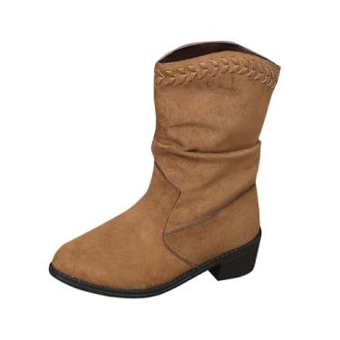 Imagem de Botas femininas casuais de camurça material bico redondo salto baixo para conforto no inverno e uso diário, Marrom, 35