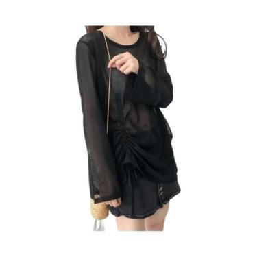 Imagem de Camiseta Feminina De Seda Gelada Com Manga Longa Solta E Cordão, Top D