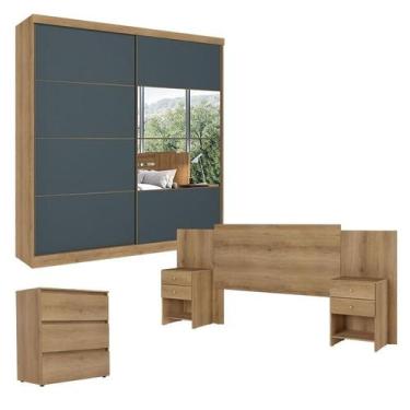 Imagem de Guarda Roupa Casal Malaga Glass 2 Portas Capuccino Azul com Cômoda Gav