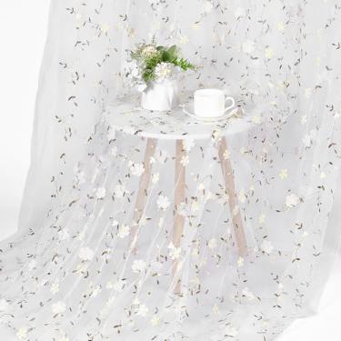 Imagem de NBEADS Tecido de malha bordado de poliéster de 5 metros de largura, tule de malha floral para vestido de noiva, cortina de vestido de formatura, pano de fundo de costura DIY, branco