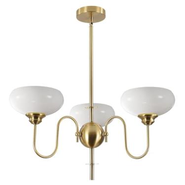Imagem de Flyrose Lustre vintage dourado com 3 lâmpadas de latão pingente antigo de vidro de leite lustres modernos de meados do século para sala de jantar, sala de estar, cozinha