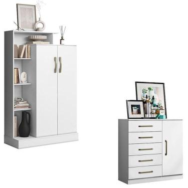 Imagem de Cômoda Sapateira Milão 2014145 E Armário Multiuso Florença 2000199 Branco Brilho - Aramóveis