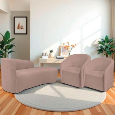Imagem de Kit Sofá Curvo França 140cm Ld. E 2 Poltronas Luiza Max Conforto, Elegância E Design Moderno Linho Rosê
