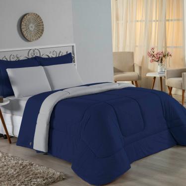 Imagem de Kit Edredom Dupla Face + Jogo De Lençol King Nobre 6 Peças Malha 100% Algodão - Azul-marinho / Cinza