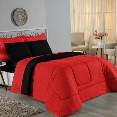 Imagem de Kit Edredom Dupla Face + Jogo De Lençol King Nobre 7 Peças Malha 100% Algodão - Vermelho / Preto