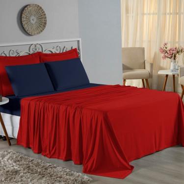 Imagem de Jogo De Cama Queen Nobre 4 Peças Lençol Com Elástico De 30cm De Altura Malha 100% Algodão - Vermelho / Azul-marinho