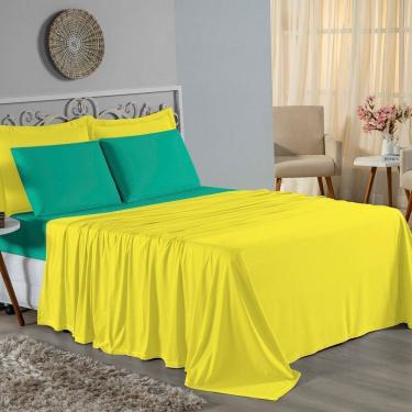Imagem de Jogo De Cama King Nobre 4 Peças Lençol Com Elástico De 30cm De Altura Malha 100% Algodão - Amarelo / Jade