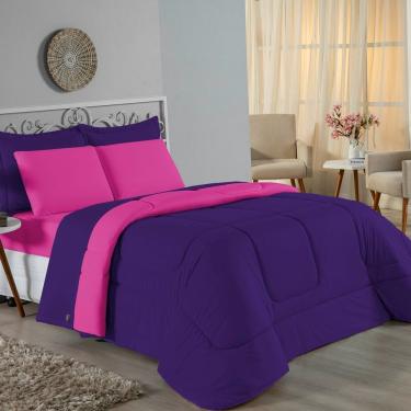 Imagem de Kit Edredom Dupla Face + Jogo De Lençol Queen Nobre 7 Peças Malha 100% Algodão - Roxo / Pink