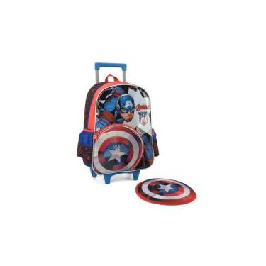 Imagem de Mochila Rodinha Meninos Capitão América 3D com Escudo Luxcel, Azul