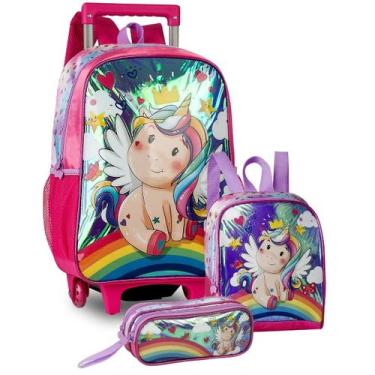 Imagem de Mochila Escolar Infantil de Rodinhas Unicórnio Holográfica Kit com Lan
