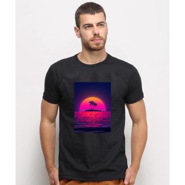 Imagem de Camiseta masculina Preta algodao Retro Paisagem Cenario Sol Roxo