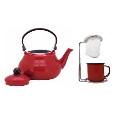 Imagem de Kit Bule Chaleira Esmaltado 1500ml e Mini Coador Café Individual com Caneca - Mundial Import