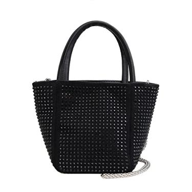 Imagem de Bolsa de mão feminina Bling Tote Bolsa tiracolo com strass de cristal fashion elegante bolsa transversal com corrente, Preto, Small