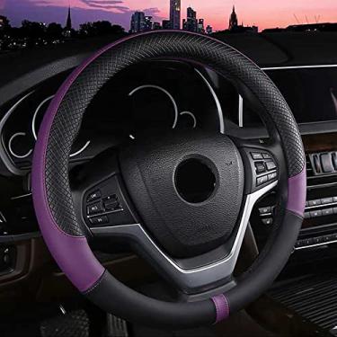 Imagem de Capa de volante de carro confortável carro de couro de microfibra com textura 3D esportes combinando cores fashion quatro estações alça universal, preto roxo