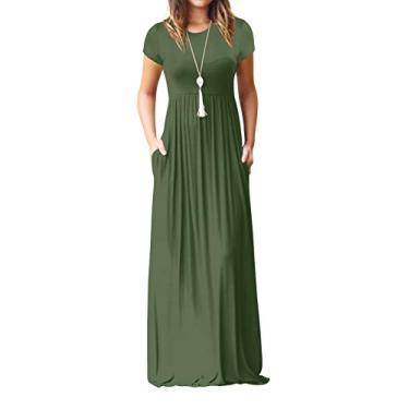 Imagem de UbdehL Vestido longo feminino, sem manga/manga curta, vestido longo elegante para festa, Verde, XL