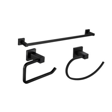 Imagem de Kit Porta Toalha de Banho 63cm Fosco Suporte + Porta Papel Higiênico Black Fosco + Toalheiro Rosto Argola Black Metal