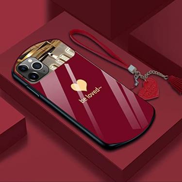 Imagem de Capa de telefone de vidro temperado oval em forma de coração para iPhone 15 14 13 12 11 Pro Max XS X SE 8 7 Plus Capa de cordão espelhada, vermelha, para iPhone 13Pro
