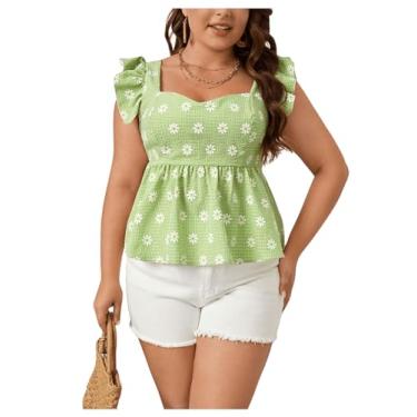 Imagem de WDIRARA Blusa feminina plus size estampa floral xadrez gola coração manga cavada blusa peplum, Verde, XXG Plus Size
