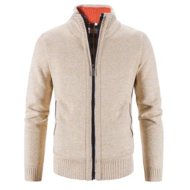 Imagem de Ruixinxue Jaqueta de malha masculina de lã, jaqueta de moletom com zíper, agasalho, gola alta, casaco de inverno, Caqui, M