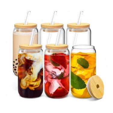 Imagem de Kit 6 Copos Lata Com Tampa/Canudo De Vidro 500ml Resistente Bebidas Água Suco Coquetéis Cafés Transparente Presente Criativo Diferente Mesa Posta Gourmet Luxo