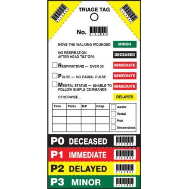 Imagem de Accuform Signs Etiqueta de triagem TTR100, legenda "Etiqueta de triagem nº #### (numeração sequencial de início aleatório com código de barras)", com perfurações para o nível adequado de lesões, 20 cm de comprimento x 10 cm de largura x 0 cm de espessura, cartolina PF-(pacote com 50)