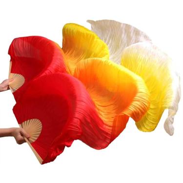 Imagem de Leques de seda longos, leque de dança, véus de leque Leques longos de seda Leques de dança do ventre de seda vermelho + laranja + amarelo + branco 180 * 90 cm 1 par esquerda + direita, como