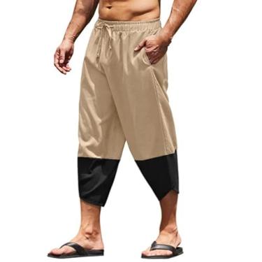 Imagem de Bowake Calça capri masculina de algodão e linho com cordão, pernas largas, capris masculinas, bolso de verão, praia, cintura elástica, E1 cáqui, 3G