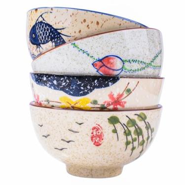 Imagem de Whitenesser Conjunto de tigelas de arroz e sushi de cerâmica japonesa – pacote com 4 designs florais pintados à mão, sob esmaltado, seguro para micro-ondas e lava-louças, louça elegante para casa,