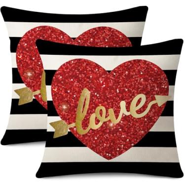 Imagem de Coeufuedy Capas de almofada decorativas para o dia dos namorados 45,7 x 45,7 cm, conjunto de 2 listras pretas e brancas, amor, coração vermelho cintilante, capa de almofada de casamento para sofá
