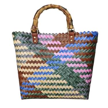 Imagem de Super sacola tecida à mão para mulheres | Bolsa de praia impermeável | Bolsa de verão para praia, piscina e viagem, Cabo de bambu - G (multicolorido), One Size