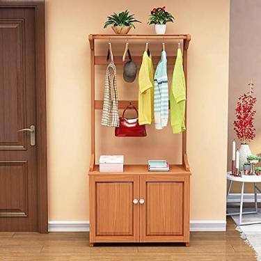 Imagem de Cabideiro com banco de sapatos, árvore de entrada 3 em 1 com banco de armazenamento, organizador de madeira com 8 ganchos duplos para pendurar e sapateira