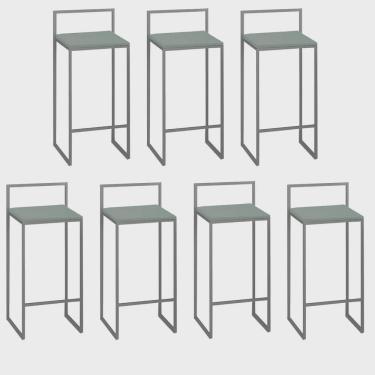 Imagem de Kit 07 Banquetas Alta Com Encosto Lino Industrial Balcão Bistrô Ferro Cinza mdf Madeira Verde Oliva - Ahz Móveis