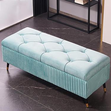 Imagem de Banco de armazenamento de veludo, bancada de armazenamento luxuosa do banco estofado da cama, bancada de entrada moderna do quarto com armazenamento, verde claro, 110x45x45cm (43x18x18in)