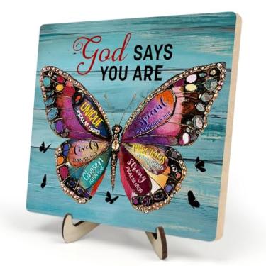Imagem de DMADNF Placa De Madeira Com Versículos Bíblicos Inspiradores, Presentes Cristãos Religiosos Para Mulheres, Mesa Escritório Em Casa Borboletas E Deus Diz Que Você É Único (Azul Claro, 14 X Cm)