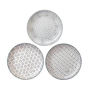 Imagem de Nordring Pratos de jantar de 25 cm Kristina com padrão, azul, grés, conjunto de 3 estilos, decoração de carimbo feito à mão