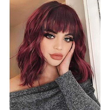 Imagem de Ucubb Perucas vinho tinto com franja para mulheres, peruca sintética cacheada Bob com franja, cabelo ondulado curto, aparência natural, fibra resistente ao calor para mulheres