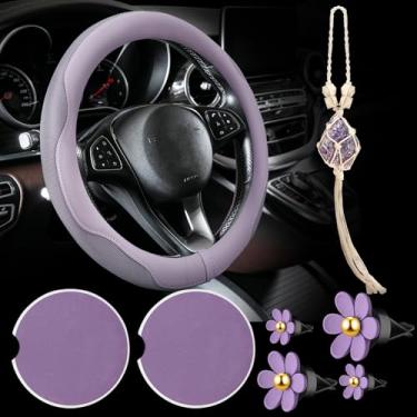 Imagem de BBTO Conjunto de acessórios de carro roxo capa de volante, porta-copos de cerâmica, clipe de saída de ar de margarida com clipe de ventilação de carro, ornamento de cristal para pendurar no carro