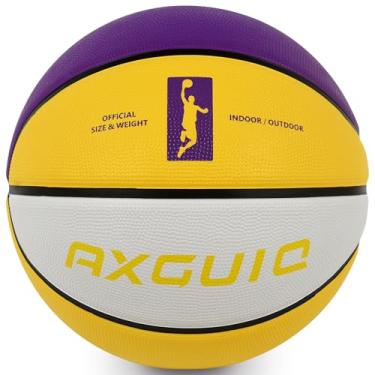 Imagem de AXGUIQ Bola de basquete tamanho 7 basquete 75 cm interior ao ar livre amarelo-roxo-branco bola de basquete de borracha espessa tamanho oficial 7 bola de basquete de rua (esvaziada)