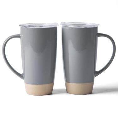 Imagem de famiware Canecas de café Milkyway, caneca de café grande de 590 ml, conjunto de 2 canecas de cerâmica com tampa, conjunto de copos com alça para latte, chá, cacau, leite, casa e escritório, cinza
