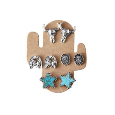 Imagem de A-yeite Conjunto de 4 pares de brincos de cowgirl ocidental, turquesa, vintage, chapéu de caubói, cacto, coração, brincos declarativos, joias country ocidentais, Zinco, Sem pedra preciosa