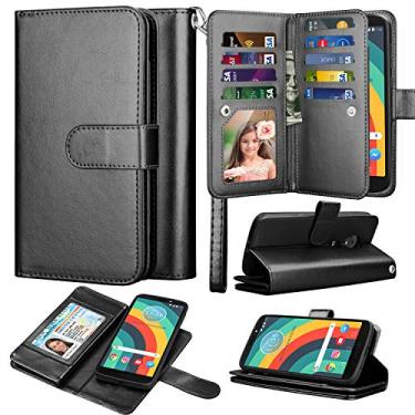 Imagem de Capa carteira para celular Moto G6 Play, carteira G6 Forge, carteira de couro sintético Takfox com suporte magnético e capa removível para 9 cartões, Preto