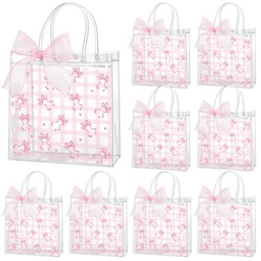 Imagem de Wesnoy 24 peças de sacos de presente de PVC transparente com laço rosa com alças coquete laço de festa reutilizável sacolas de doces de plástico para casamento, aniversário, chá de bebê, artigos de